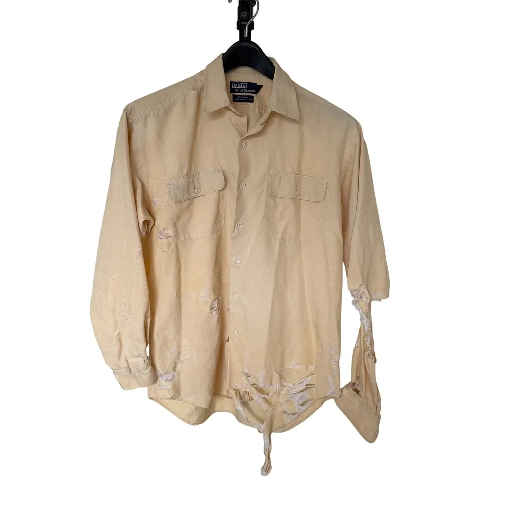 Polo Ralph Lauren Benford Silk Cotton‎ Shirt Yellow Distressed Thrashed Mens L
